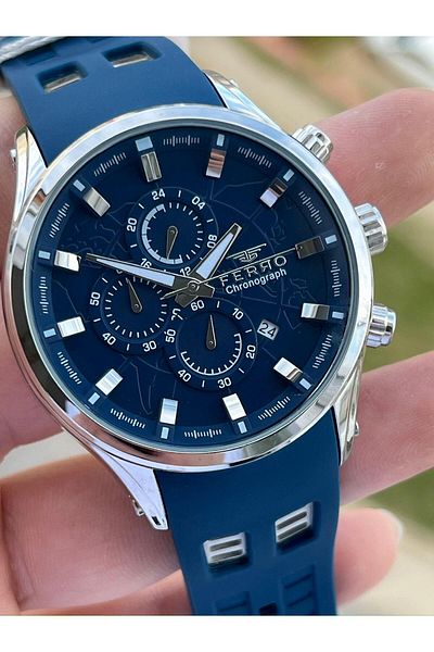 FERRO Inner Functions Active Navy Color Silicone Cord 30 Mt Waterproof Men's Wristwatch EF31354-L