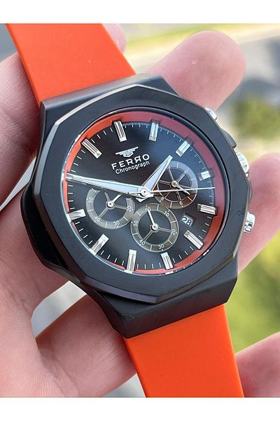 FERRO Inner Functions Active Orange Color Silicone Cord 30 Mt Waterproof Men's Wristwatch EF31348-ZL