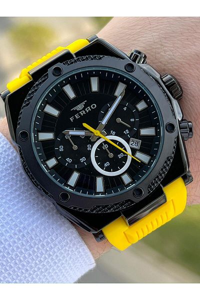 FERRO Inner Functions Active Yellow Color Silicone Cord 30 Mt Waterproof Men's Wristwatch EF31396-ZN