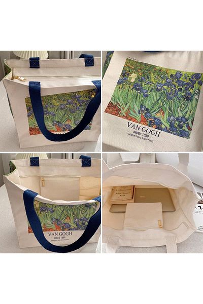 Buka Shops Van Gogh IRISES 1889 - حقيبة حمل بمقبض ملون