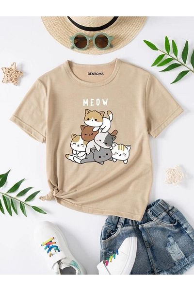 BENROMA In Cart 6 and Above Purchases Get 1 T-Shirt as a Gift - Cat Printed Children's T-Shirt