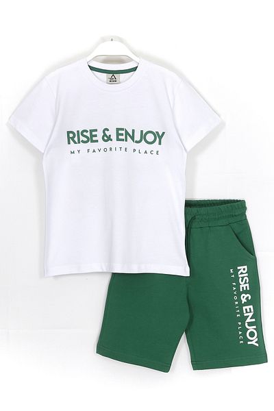 DobaKids Set 2 piese de vară pentru băiat cu slogan imprimat Rise Enjoy 8-15 ani, alb, verde