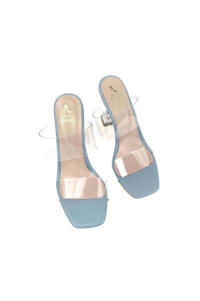 bescobel Papuci de damă Edva Baby Blue cu bandă transparentă, cu toc șampanie