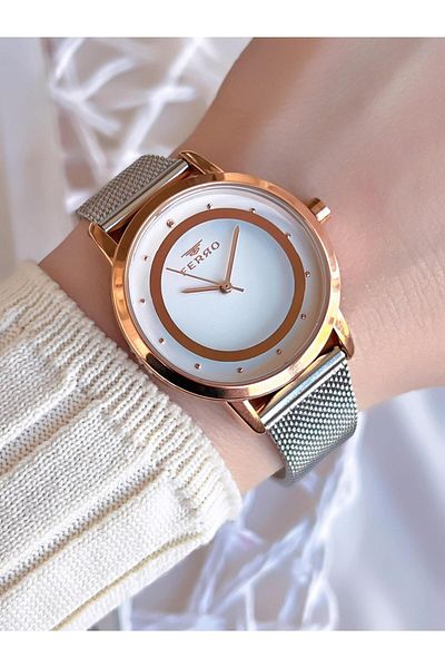 FERRO Silver/Rose Anti-Tarnish Color-Free 3 Atm Special Design Women's Wristwatch with Straw Cord BF21070CWT