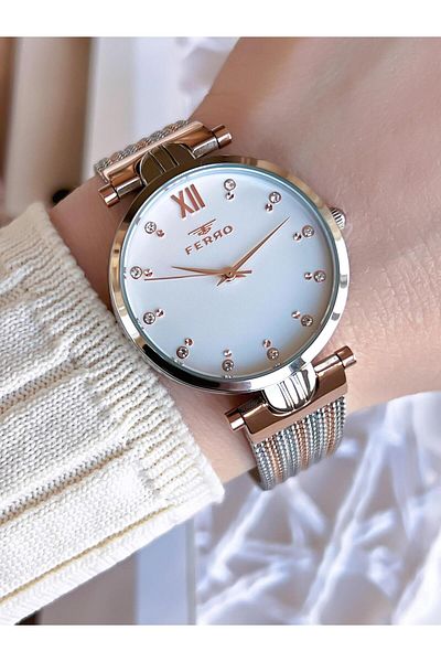 FERRO Silver/Rose Anti-Tarnish Color-Free 3 Atm Special Design Women's Wristwatch with Straw Cord BFL21318CWT-
