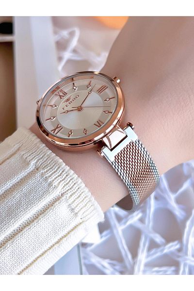 FERRO Silver/Rose Anti-Tarnish Color-Free 3 Atm Special Design Women's Wristwatch with Straw Cord BF2123CWT-E