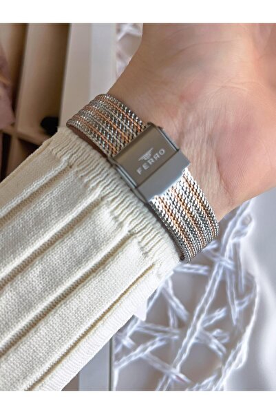 FERRO ساعة يد نسائية بتصميم خاص باللون الفضي/الوردي مقاومة للتشويه 3 ATM مع حبل من القش BFL21318CWT-