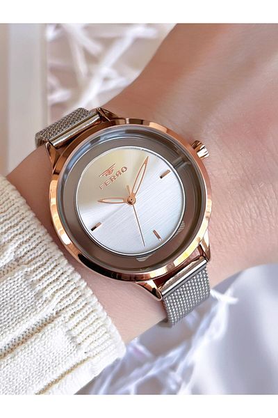 FERRO Straw Cord Silver/Rose Anti-tarnish Color Anti-throw 3 Atm Special Design Women's Wristwatch BFL2123CWT-E