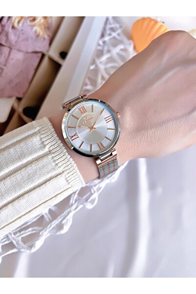 FERRO ساعة يد نسائية بتصميم خاص باللون الفضي/الوردي مقاومة للتشويه 3 ATM مع حبل من القش BF21155CWT-E