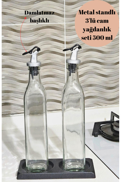 BRE HOME 3'lü metal standlı 500 ml cam yağdanlı? sirkelik şişesi damlatmaz ba...