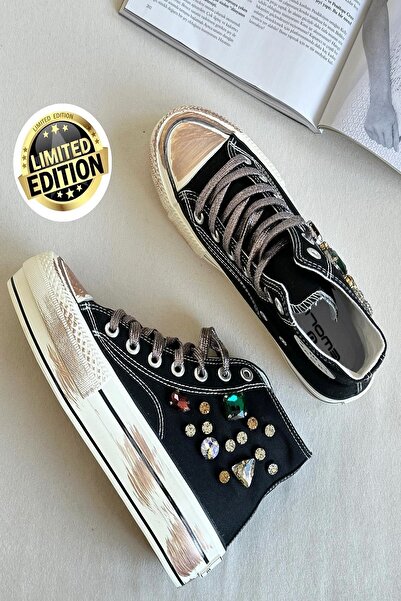 akerler KADIN İTHAL SİYAH BOĞAZLI TAŞLI KETEN SNEAKER EW900