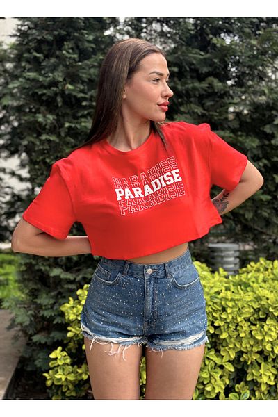 Maison La Femme Women's Red Crew Neck Printed Oversize Crop T-shirt