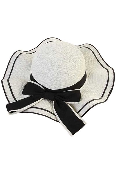 Trenderrs Women's Wavy Wide Brim Bow Summer Organic Straw Hat