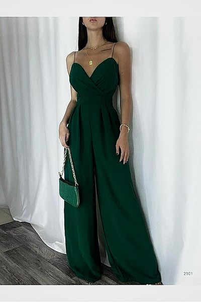 ORZUQLIFE Salopeta rochie de seara cu guler dublu cu bretele din stofa creponata verde