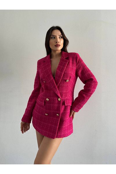 SONREİR Μπουφάν Tweed Blazer με χρυσό κουμπί με λεπτομέρεια με διπλό στήθος
