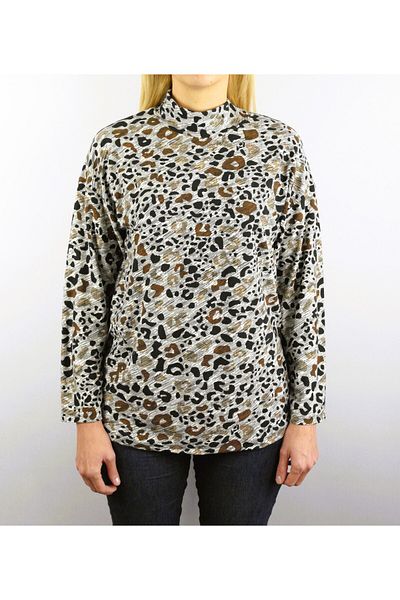 Pelek Butik Plus Size Print Half Fisherman Long Sleeve Blouse PB00785