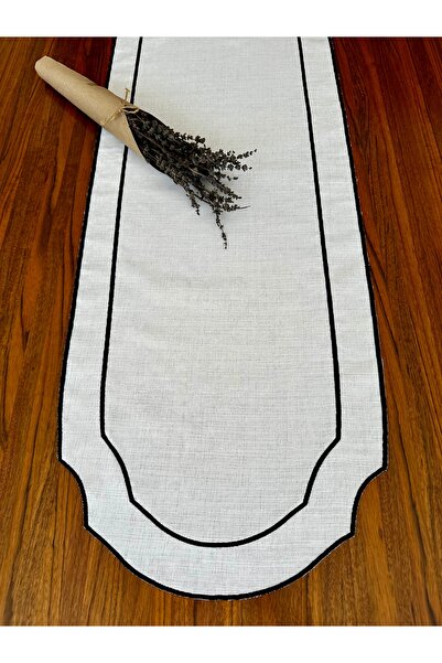 NURHAN HOME COLLECTION Διπλής σειράς μαύρο κεντημένο οβάλ λινό διάδρομο