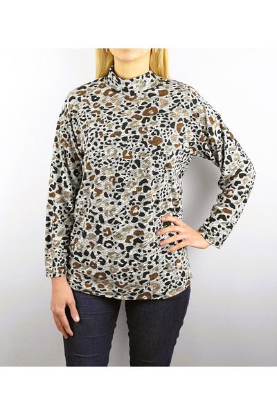 Pelek Butik Plus Size Print Half Fisherman Long Sleeve Blouse PB00785