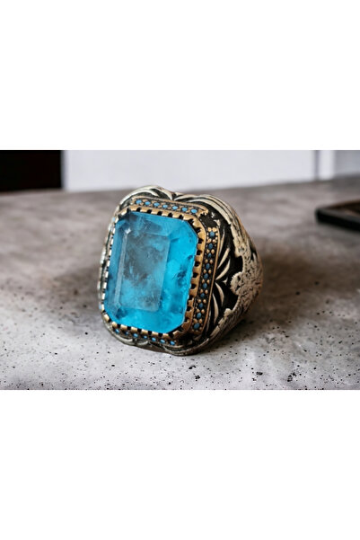 Budakoğulları Kartal Simgeli Paraibu Taşlı 925 Ayar Gümüş Erkek Yüzük  El Işç...