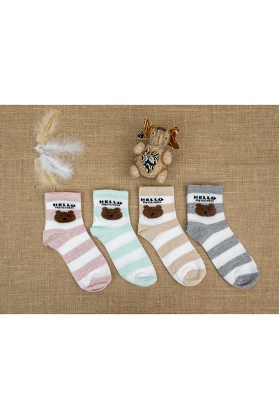 Mudizone 4 чифта раирани дамски чорапи с плюшено мече