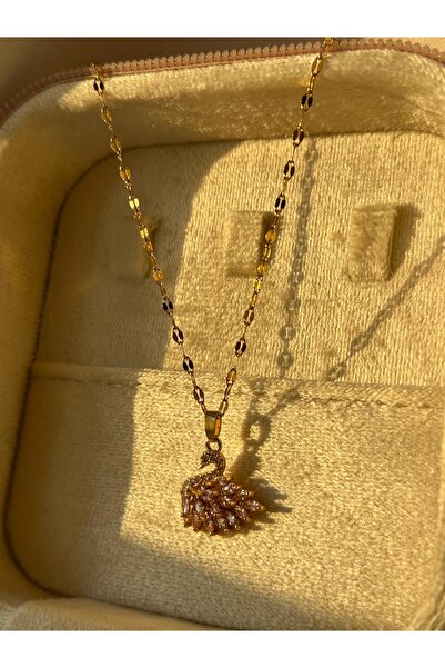 B&B'shop Kuğu Pembe Zirkon Taşlı Gold Rengi Çelik Kolye