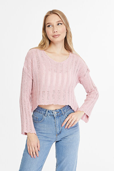 MA ananas Kadın Ajurlu Triko V yaka Bluz