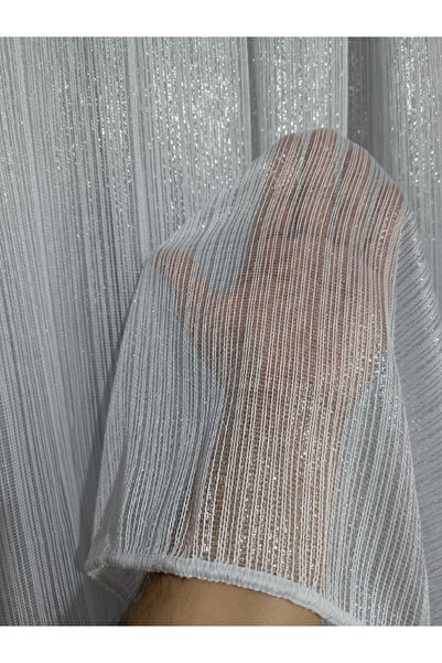 MebelPort Curtain Simli Düz Çizgili Döner Tül Sık 1/3 Pileli Beyaz Renk ( Boru Pileli)