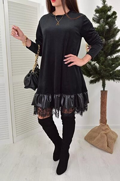 Moka Shopin Μίνι μακρυμάνικο φόρεμα με λαιμόκοψη και δερμάτινη τούλινη λεπτομέρεια - δύο κλωστές