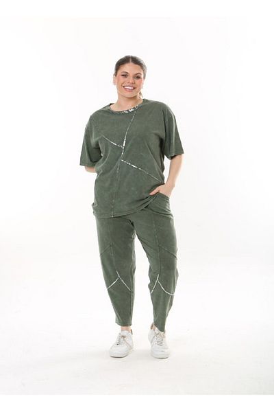 vividbutik Plus Size Cotton Washed 2-Piece Blouse Pants Set