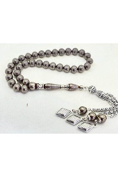 ejder Gümüş İşlemeli Kuka Tesbih 7x7mm Küre Kesim Nakkaş İmameli Çeşmi Bülbül Modeli Gümüş Püskül