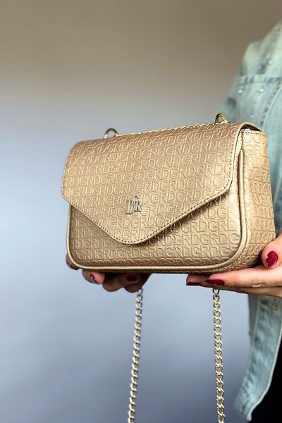 GALB LEATHER Geantă de umăr pentru femei, de calitate medie, cu model în relief, cu capac în oglindă și curea de lanț de aur, culoare bronz