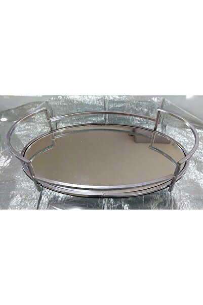 esdekor 36x22cm Oval Gümüş Renk Metal Aynalı Cam Tepsi 15inch Yuvarlak Makyaj...