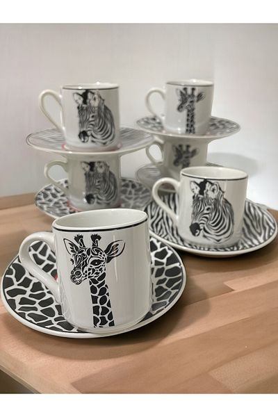 Artistic Quality Decorative Stylish Design Black and White Zebra and Giraffe Motif Coffee Cup Set for 6 People