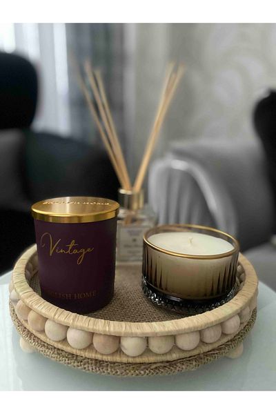 FN 30 cm Wicker Natural Raffia - Wooden Small Beaded Decorative Tray, for Bathroom and Home