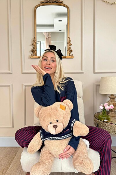 Pijamaevi Navy Blue Stripe Patterned Bamboo Long Sleeve Women's Pajama Set