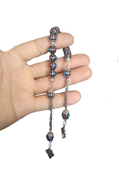 AbbasShop Hakiki Oltu Taşı Zaza Tesbih Firuze Mercan Gümüş Işlemeli Tesbih