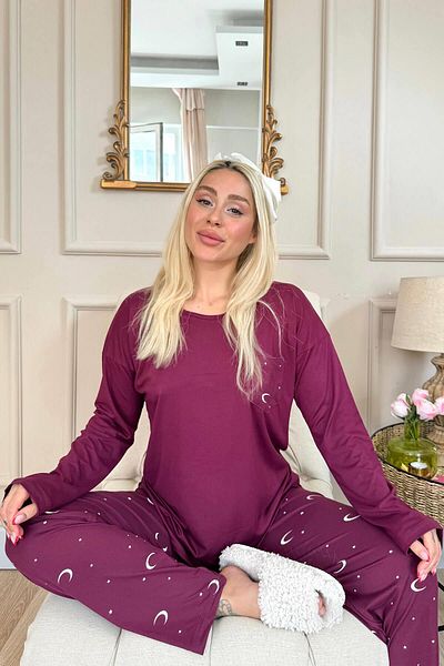 Pijamaevi Set de pijamale de damă cu mânecă lungă din bambus, cu model de stele Plum Moon