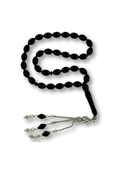 OltutaşıMarket Silver Tasseled Barley Cut Genuine Erzurum Oltu Stone Rosary