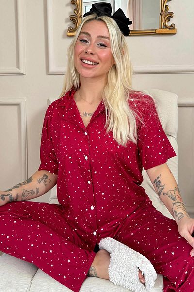 Pijamaevi Set de pijamale cu mânecă scurtă, cu mânecă scurtă, cu nasturi, din bambus, roșu Claret