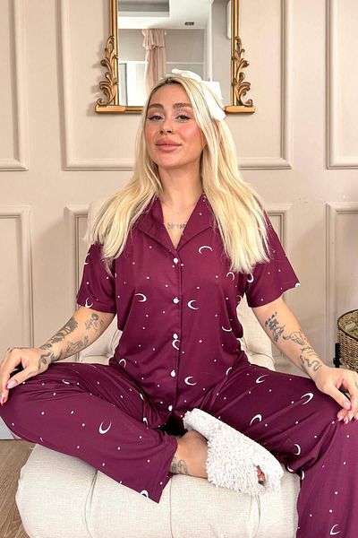 Pijamaevi Set de pijamale cu mânecă scurtă, cu nasturi în față, cu model Plum Moon Star, din bambus