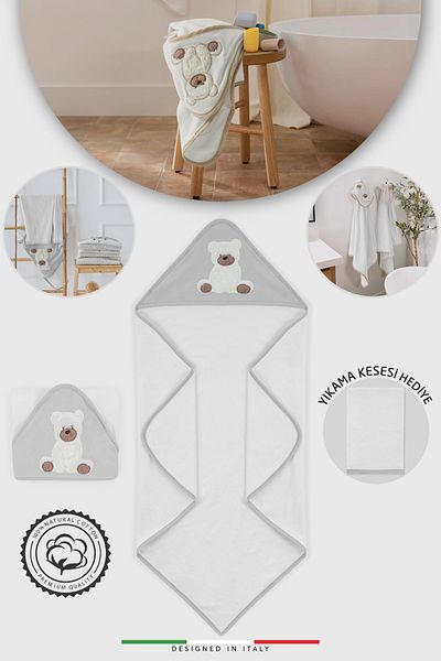 Elele Bagno Cotton Hooded Baby Bath Towel Swaddle with Bear Figure 90x90 cm Gray