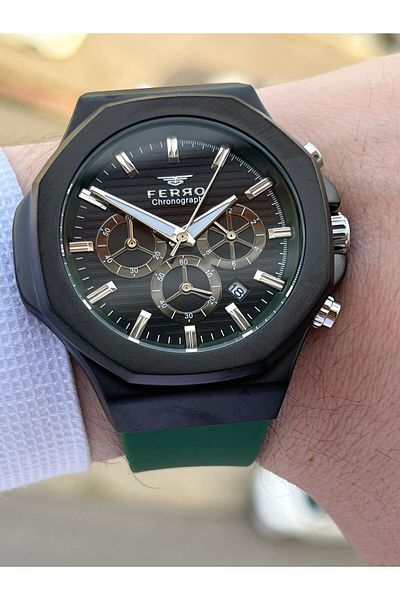 FERRO Interior Functions Active Green Color Silicone Cord 30 Mt Waterproof Men's Wristwatch EF313948-ZJ