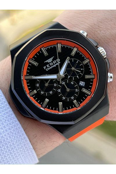FERRO Inner Functions Active Orange Color Silicone Cord 30 Mt Waterproof Men's Wristwatch EF31348-ZL