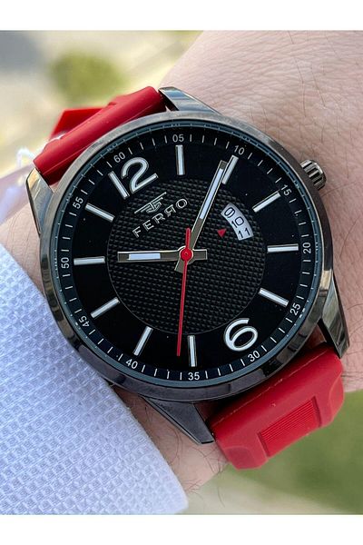 FERRO Calendar Active Red Color Silicone Cord 30 Mt Waterproof Men's Wristwatch EF11316-ZK