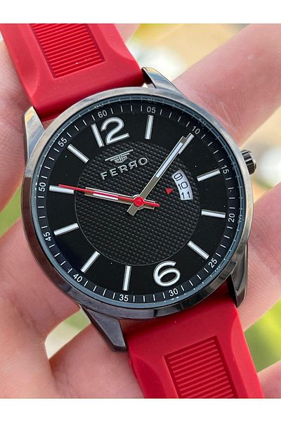 FERRO Calendar Active Red Color Silicone Cord 30 Mt Waterproof Men's Wristwatch EF11316-ZK
