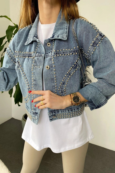 Lady Pixie Tasarım Cep Ve Silver Zımba Detay Crop Jean Ceket