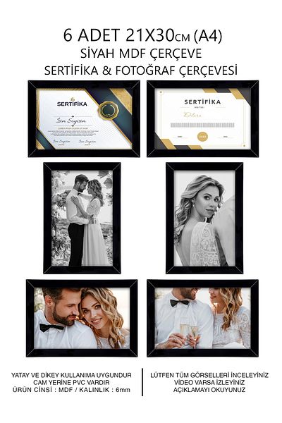 bymat 6 Pieces 21x30 Frame - Black Frame - A4 Frame - Diploma Frame - Mdf Multiple Photo Frame