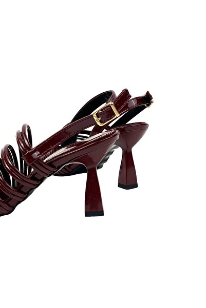 bescobel Women's Claret Red Patent Leather Heeled Ribbed Ankle Strap Sandals 8 Cm 201