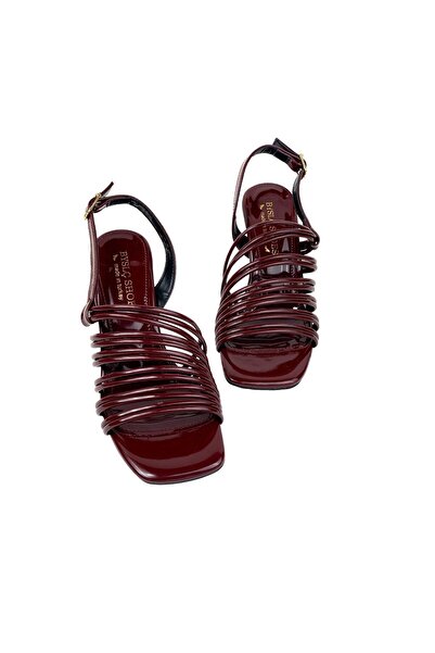 bescobel Women's Claret Red Patent Leather Heeled Ribbed Ankle Strap Sandals 8 Cm 201