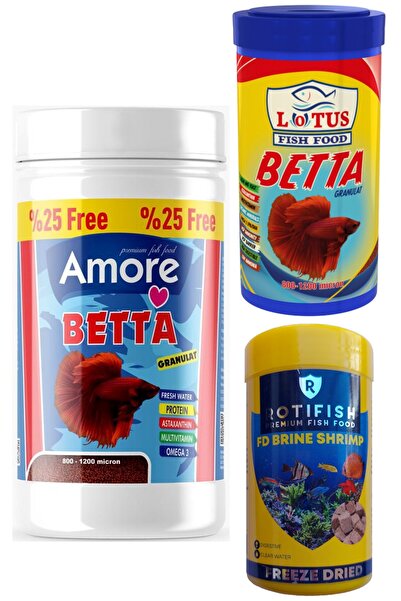 AMORE Beta Balığı Yemi 125ml, Lotus Betta 100ml, Brine Shrimp 100ml Kutu Akvaryum Granül Balık Yemi